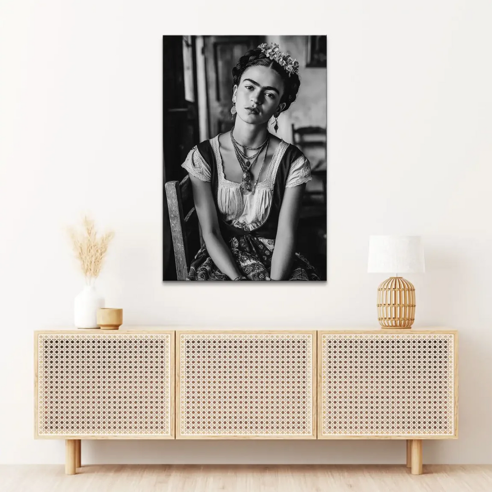 Seated Frida Kahlo-inspired woman wall art in vintage style