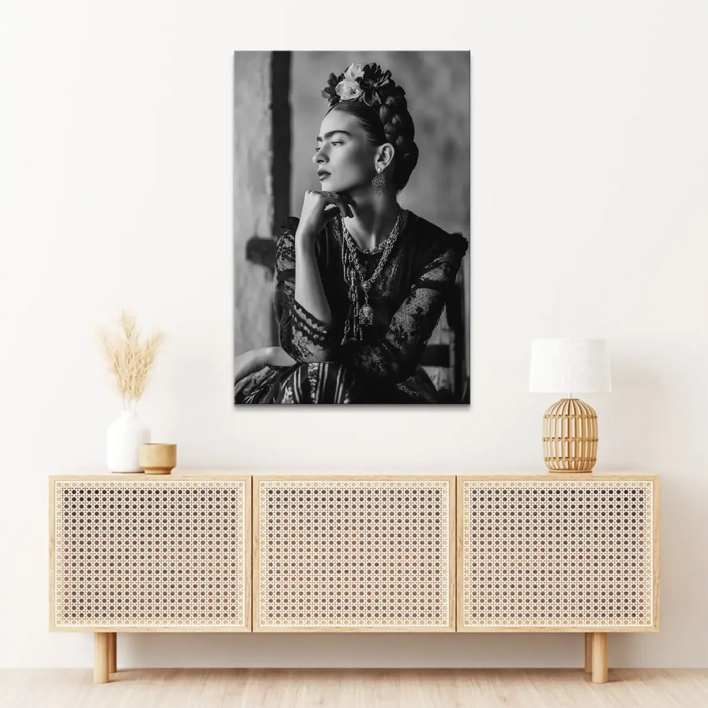 Close-up medium shot of a Frida Kahlo-inspired figure with flowers in hair on canvas
