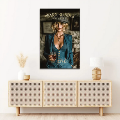 Glam portrait featuring text overlays PEAKY BLINDER IRISH WHISKEY on canvas