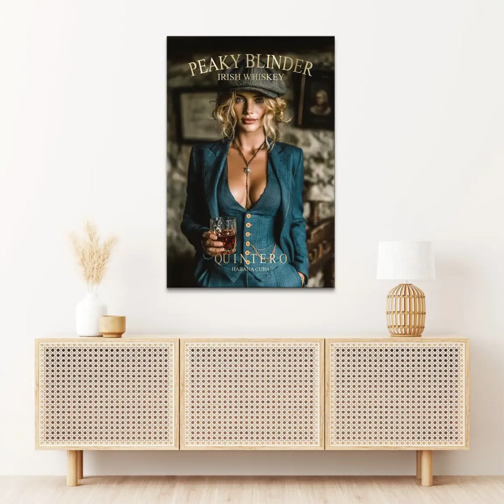 Glam portrait featuring text overlays PEAKY BLINDER IRISH WHISKEY on canvas