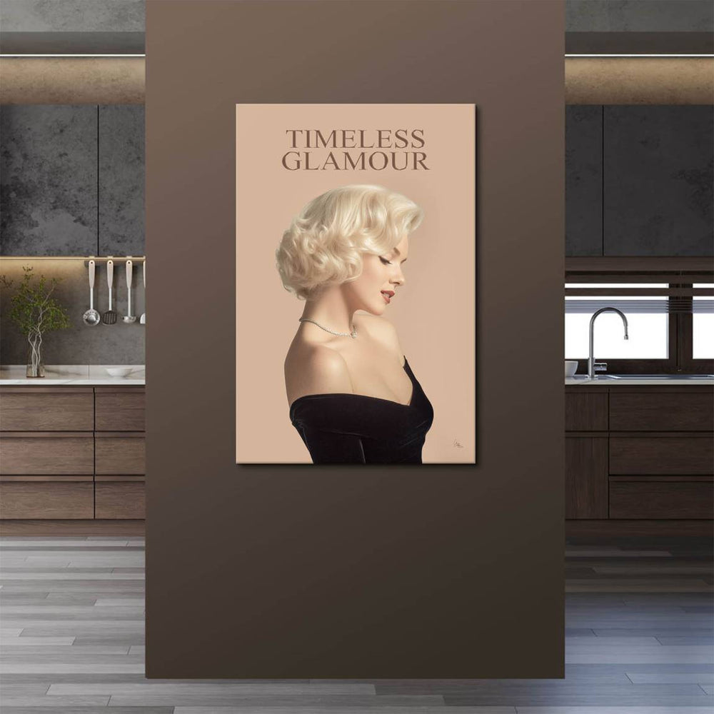 1950s-style elegant portrait on canvas with soft peach backdrop and classic fashion elements.