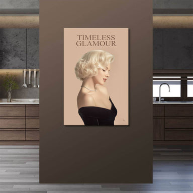 1950s-style elegant portrait on canvas with soft peach backdrop and classic fashion elements.
