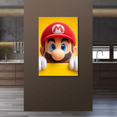 Cartoon Mario with mustache peeking from the edge in colorful art