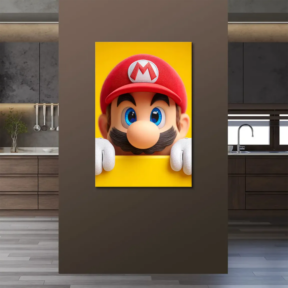 Cartoon Mario with mustache peeking from the edge in colorful art