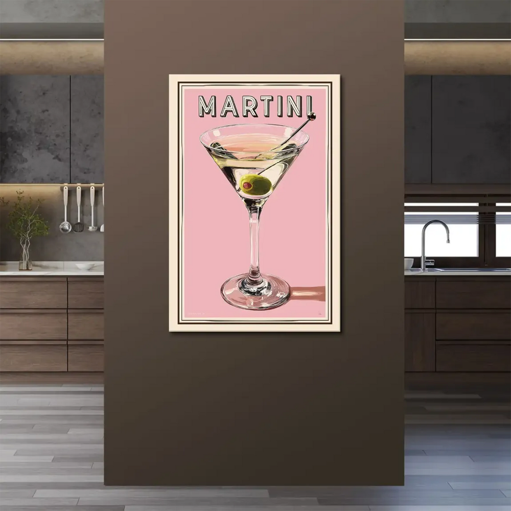 Soft pink and cream color palette with green and red accents on canvas wall art