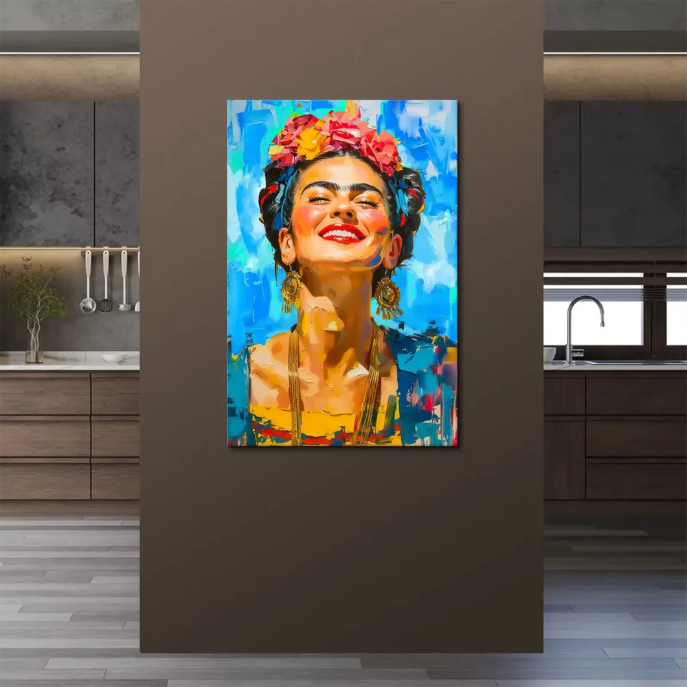 Vibrant Frida Kahlo canvas print with painterly brushwork and gold accents