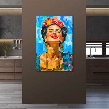 Vibrant Frida Kahlo canvas print with painterly brushwork and gold accents