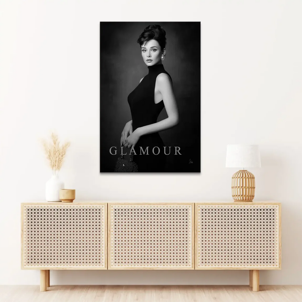 Monochrome fashion portrait on canvas showing a poised woman in a black sleeveless dress.