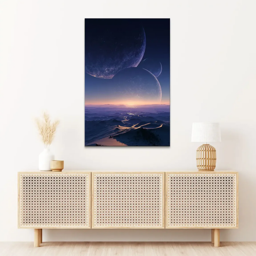 Celestial scene showing a distant golden sun illuminating a futuristic moonscape.