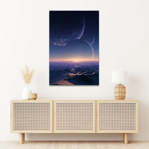 Celestial scene showing a distant golden sun illuminating a futuristic moonscape.