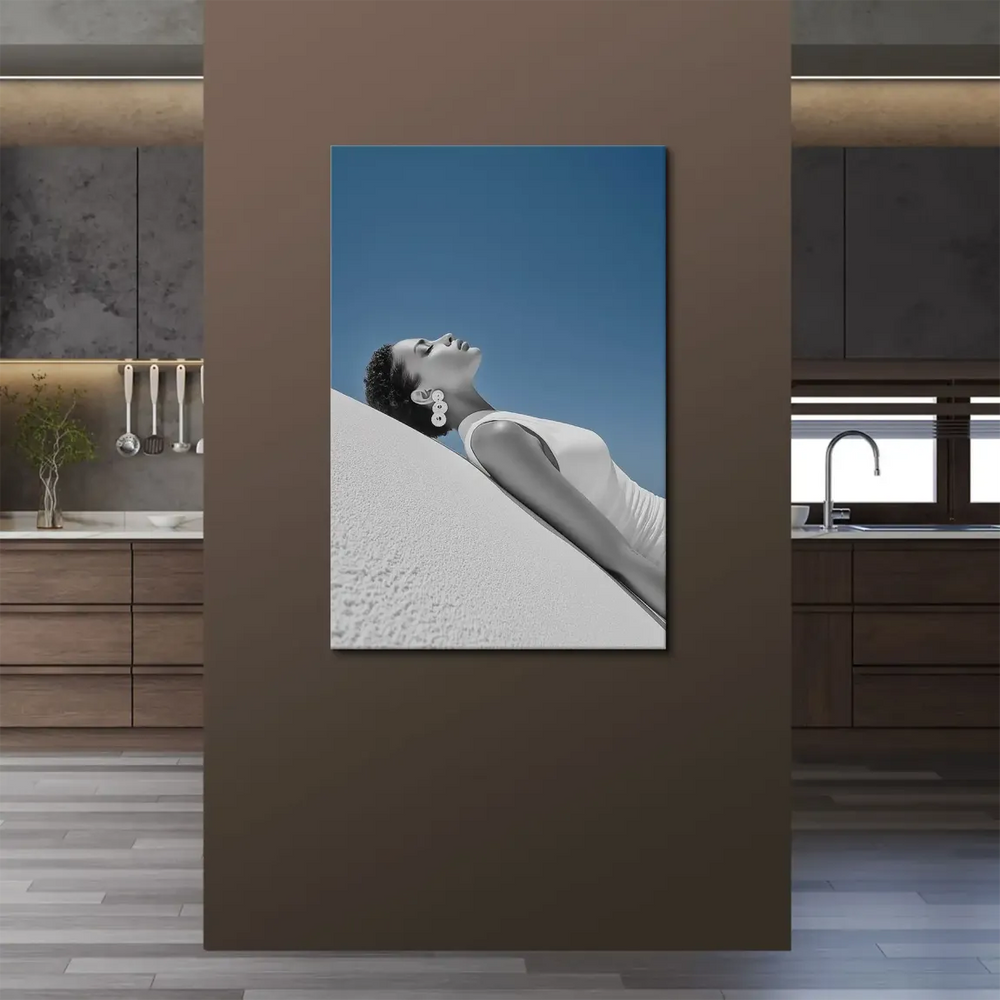 Bold blue sky backdrop with minimalist fashion aesthetic
