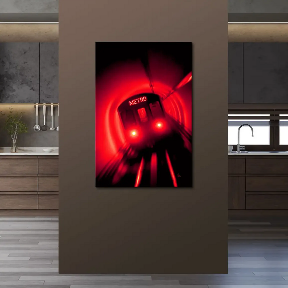 Bold red and black abstract transit wall art in contemporary style