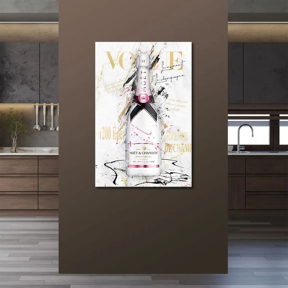 Champagne Glam canvas artwork with gold accents and pink splatters for a luxe, fashion-forward vibe.