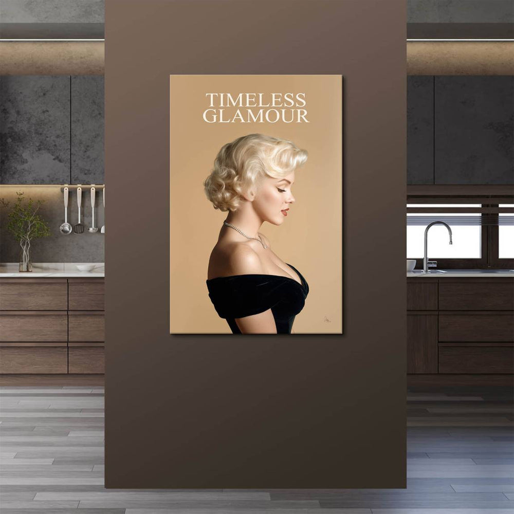 Off-shoulder black dress portrait with TIMELESS GLAMOUR text on canvas