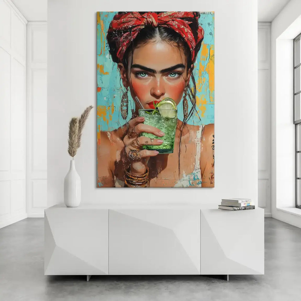 A mint drink with lime and straw held by the woman in a modern pop art portrait