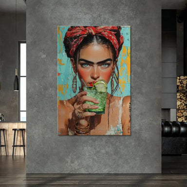 Vivid red lips and blue eyes set against teal and distressed yellow background