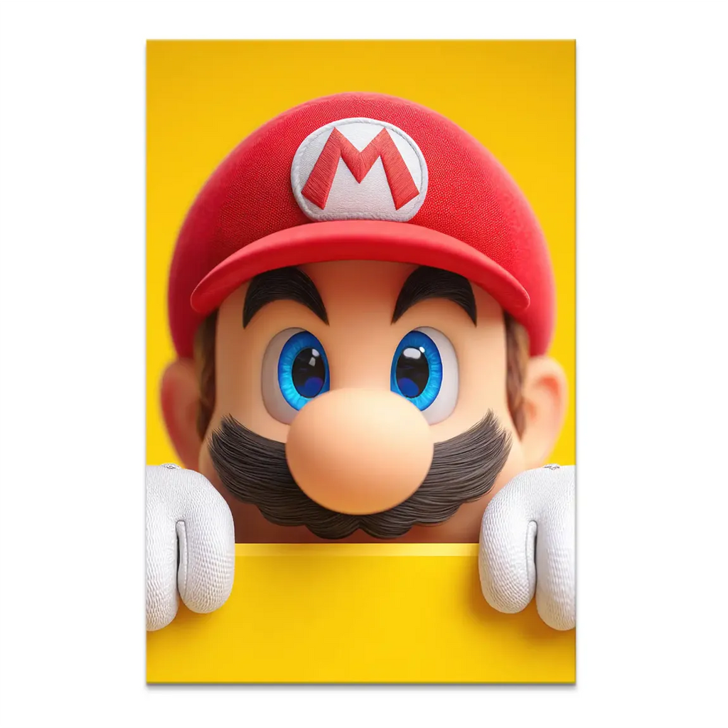 Close-up of Mario peeking over a yellow surface with blue eyes and red cap in bold pop art style