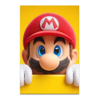 Close-up of Mario peeking over a yellow surface with blue eyes and red cap in bold pop art style