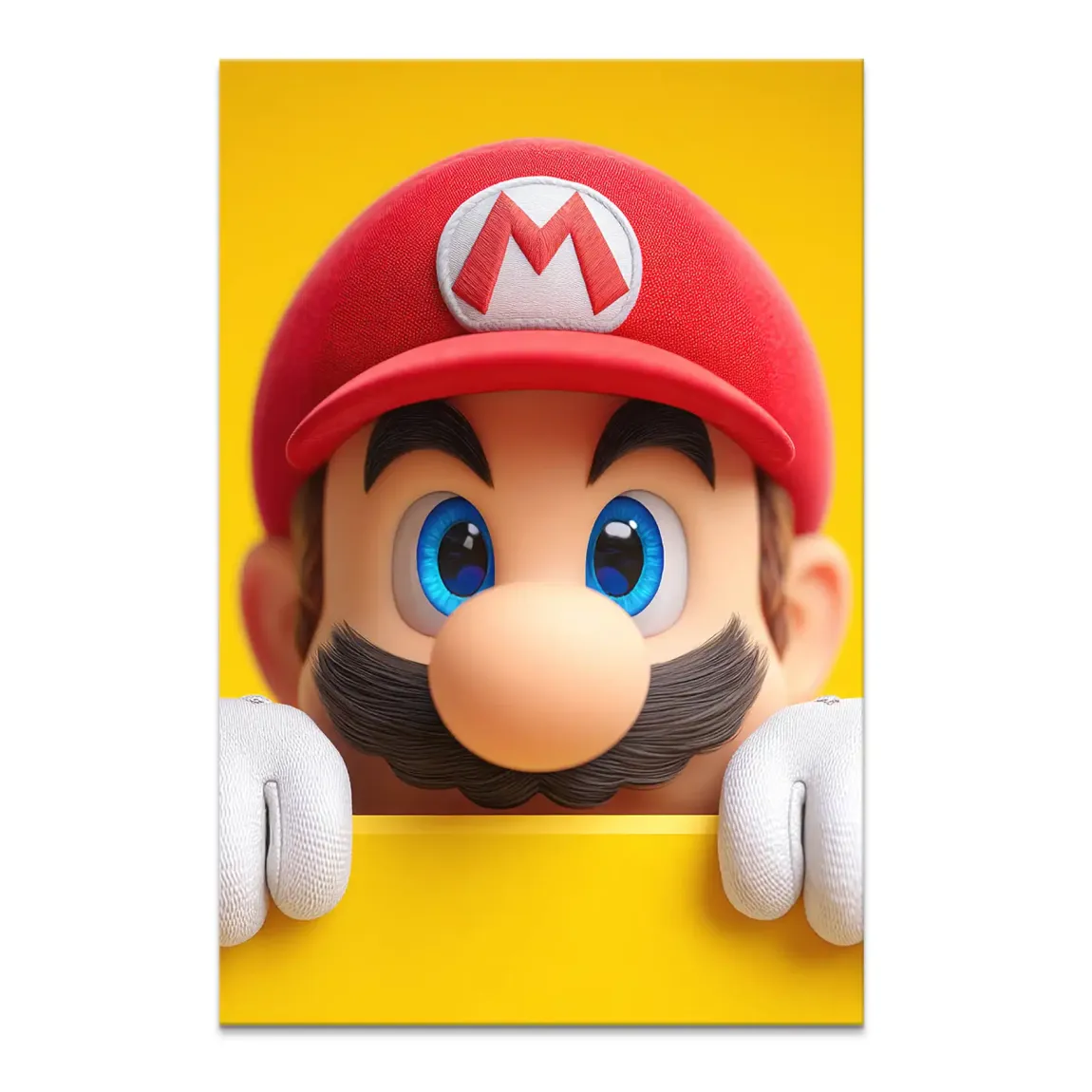 Close-up of Mario peeking over a yellow surface with blue eyes and red cap in bold pop art style