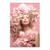 Portrait of a woman with voluminous blush pink curls and large pink blossoms on a soft pink canvas