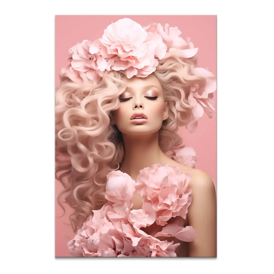 Portrait of a woman with voluminous blush pink curls and large pink blossoms on a soft pink canvas