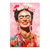 Frida Kahlo canvas wall art featuring a joyful portrait with a floral crown in a pink and multicolor pop-art style