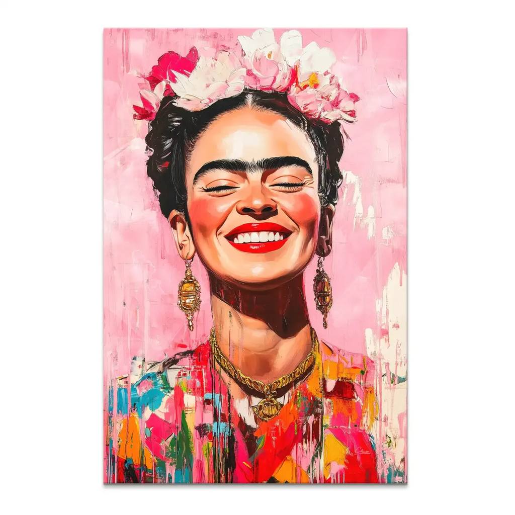 Frida Kahlo canvas wall art featuring a joyful portrait with a floral crown in a pink and multicolor pop-art style