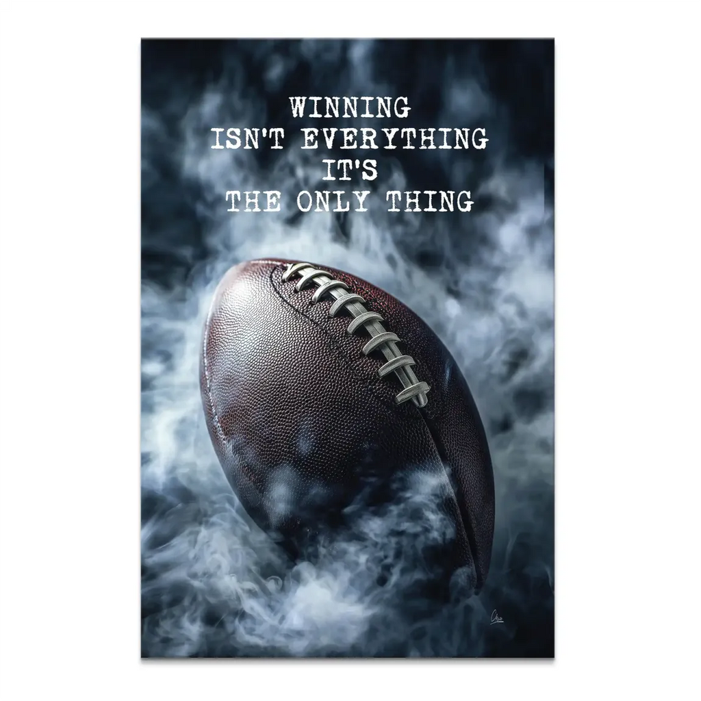 Portrait-oriented canvas wall art showing a brown football in white smoke with a bold motivational quote.