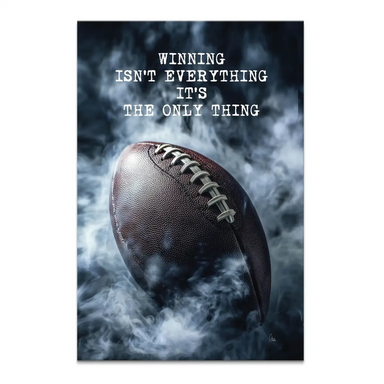 Portrait-oriented canvas wall art showing a brown football in white smoke with a bold motivational quote.
