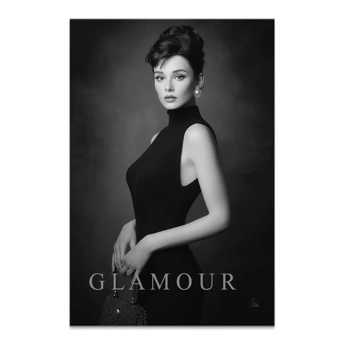 Audrey Hepburn-inspired black-and-white portrait on canvas wall art featuring a glamorous woman with a beaded clutch.