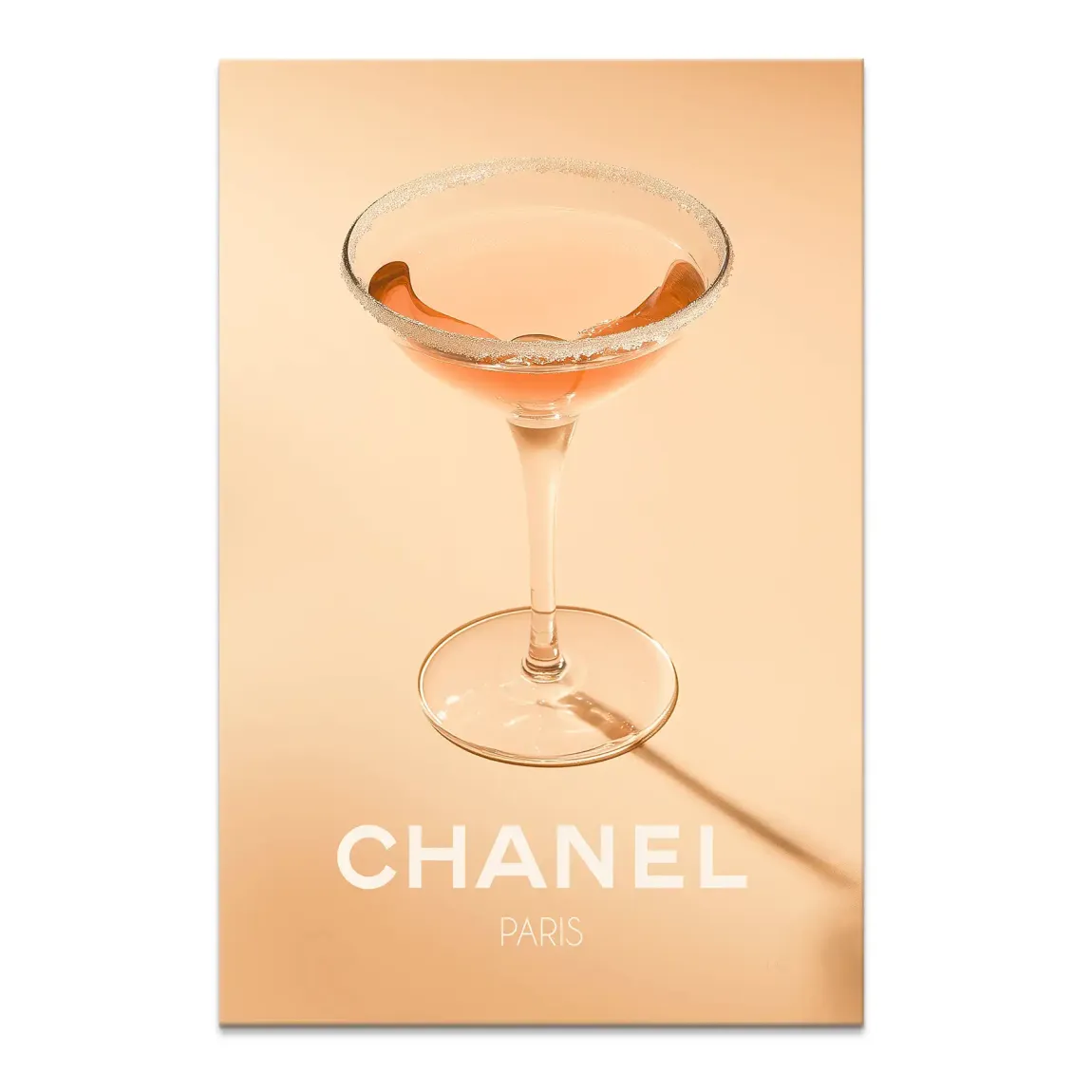 Chanel Glam Cocktail canvas print featuring a pink cocktail in a coupe glass on a peach background with white Chanel PARIS typography.