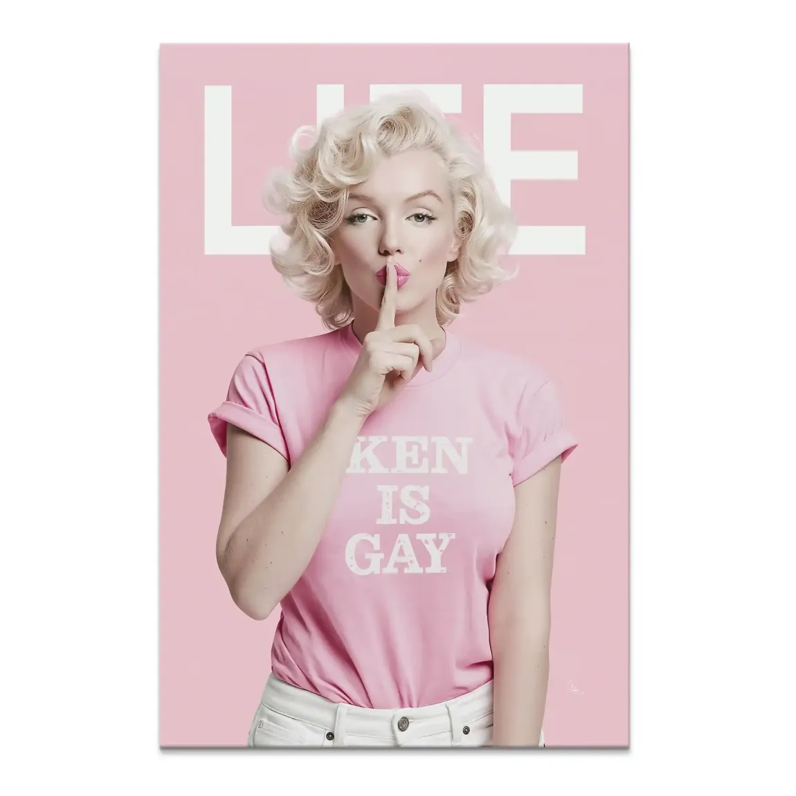 Pop art canvas portrait of a Marilyn Monroe-inspired figure on a bright pink background, wearing a pink shirt that reads 'KEN IS GAY', with a Life magazine-style header at the top.