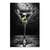 Photorealistic martini glass with a yellow-green olive on a dark reflective surface