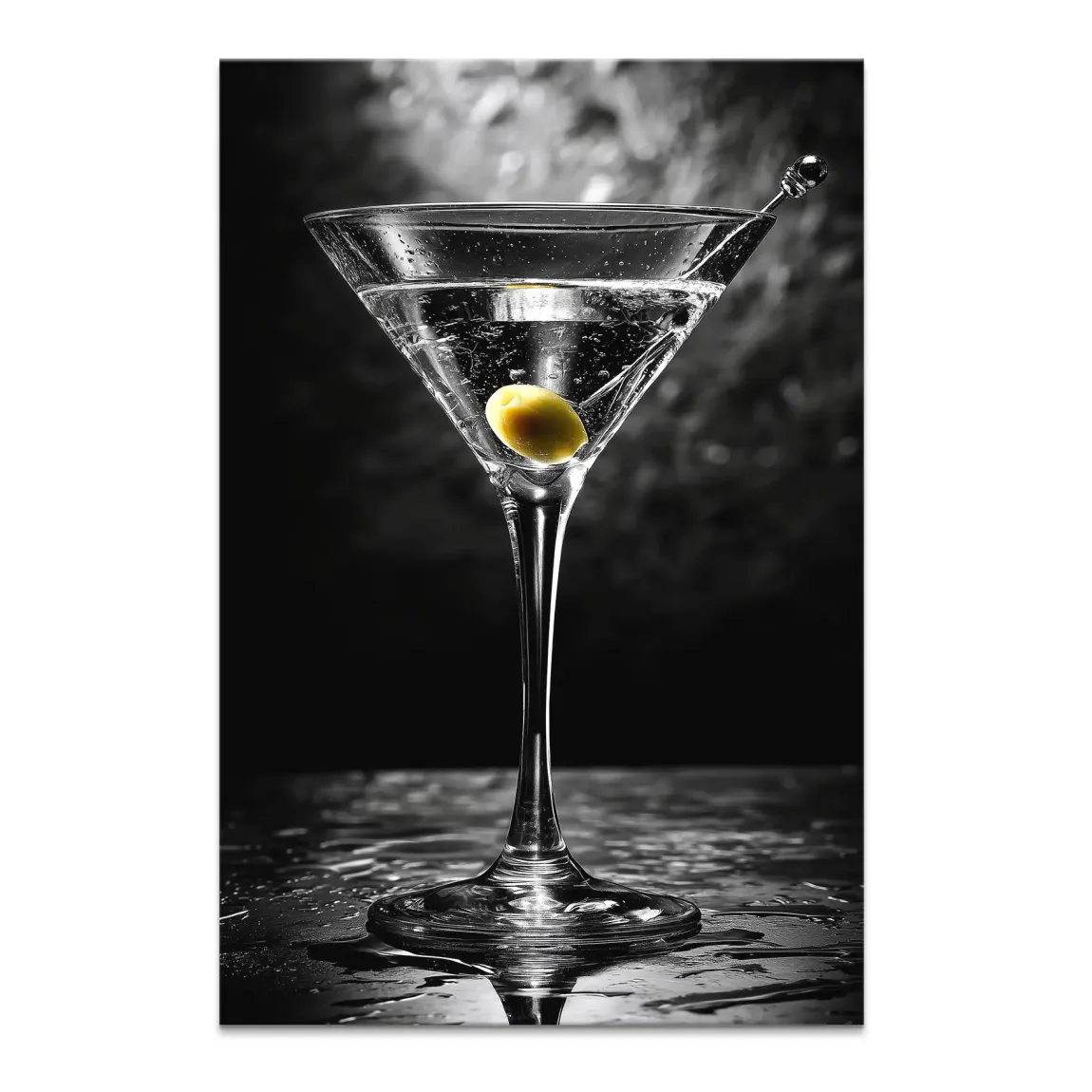 Photorealistic martini glass with a yellow-green olive on a dark reflective surface