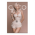 Glamorous Marilyn-inspired woman in pearl-embellished outfit on a blush background.