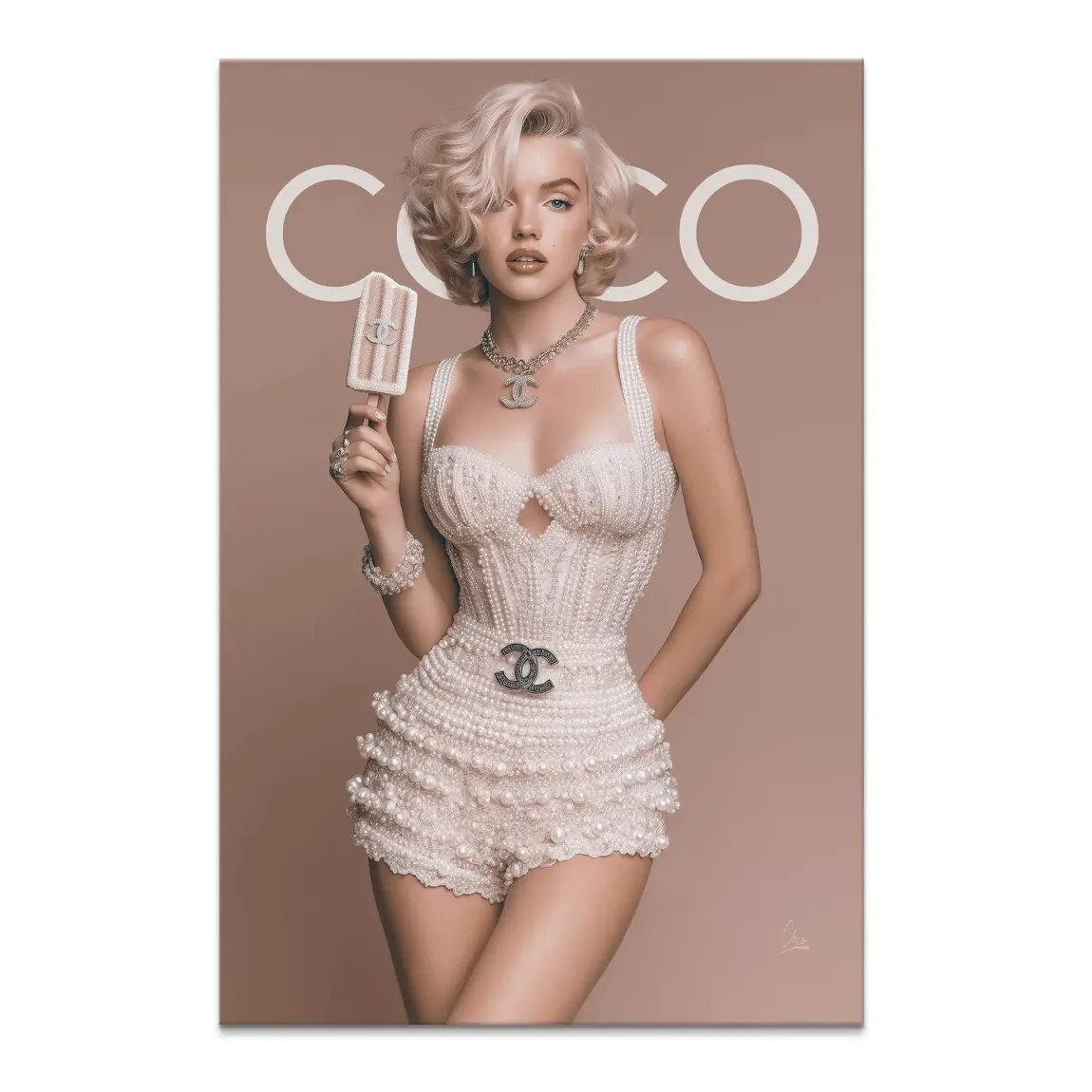 Glamorous Marilyn-inspired woman in pearl-embellished outfit on a blush background.