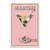 Vintage martini glass with green olive on pale yellow liquid against soft pink background with retro MARTINI headline