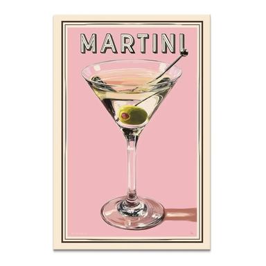 Vintage martini glass with green olive on pale yellow liquid against soft pink background with retro MARTINI headline