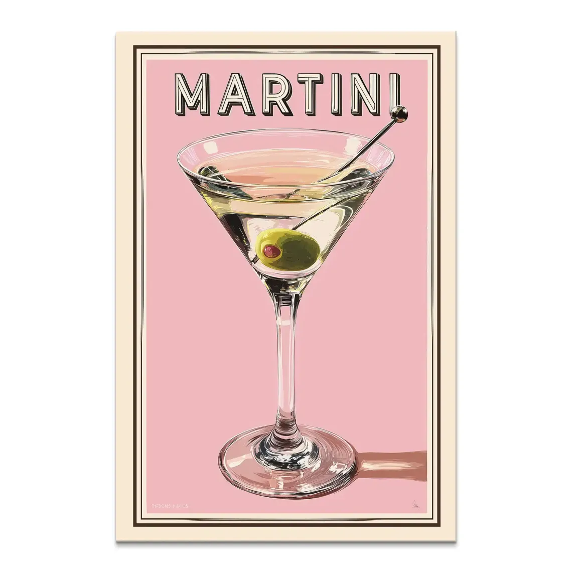 Vintage martini glass with green olive on pale yellow liquid against soft pink background with retro MARTINI headline