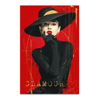 Audrey Hepburn pop art canvas portrait with red glamour, black hat and gold earrings