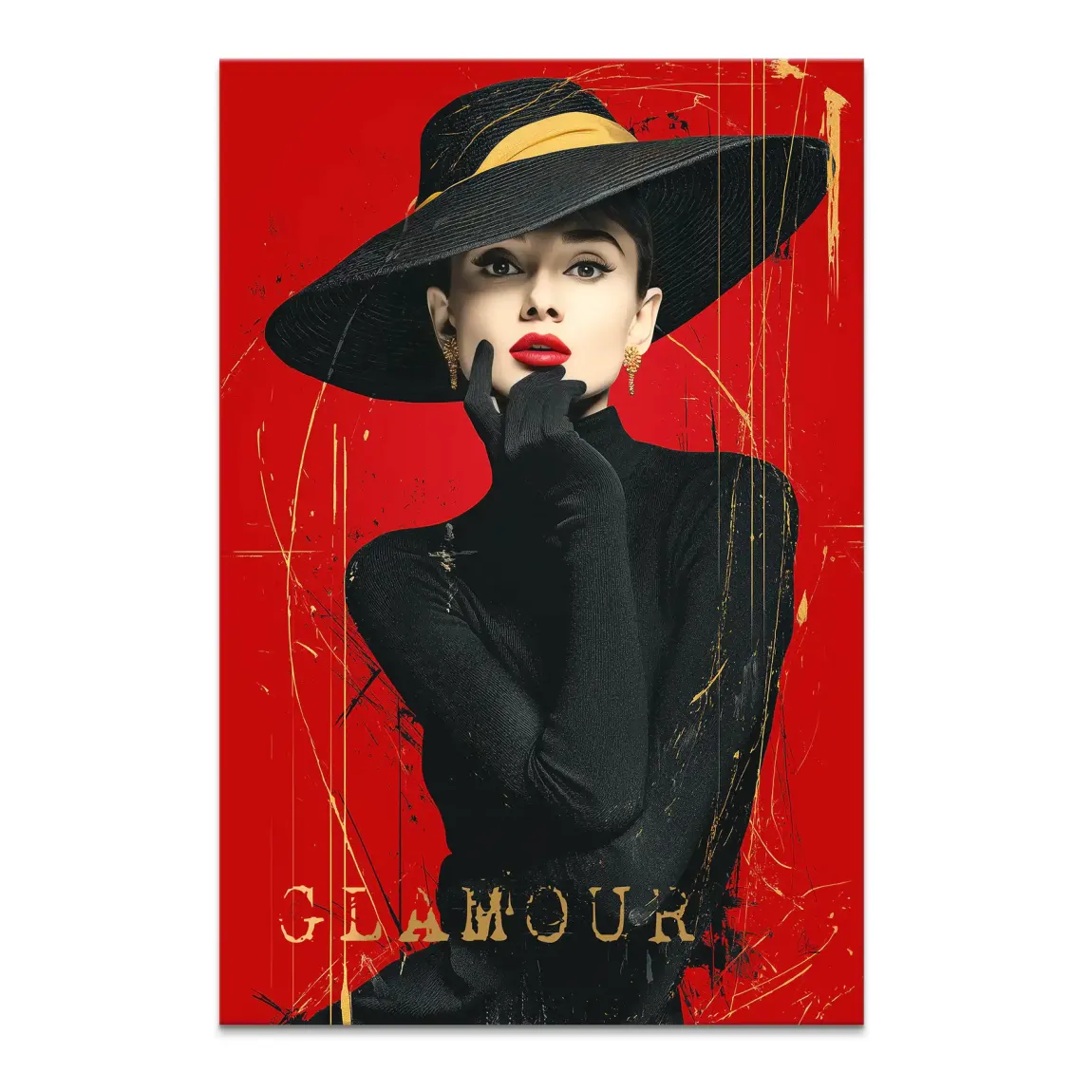 Audrey Hepburn pop art canvas portrait with red glamour, black hat and gold earrings