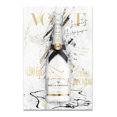 Champagne bottle on canvas with Vogue typography and black gold splatters