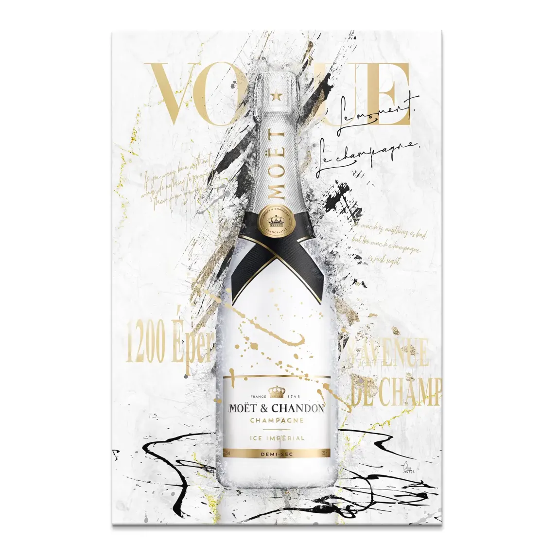 Champagne bottle on canvas with Vogue typography and black gold splatters