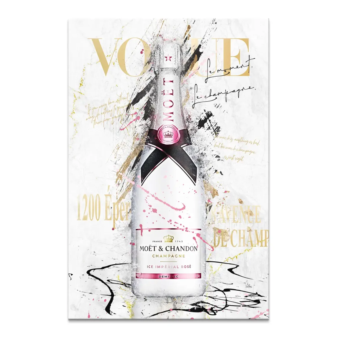 Champagne Glam canvas print featuring Moët & Chandon Rosé bottle on Vogue-style cover with black and gold brushstrokes and pink splatters.