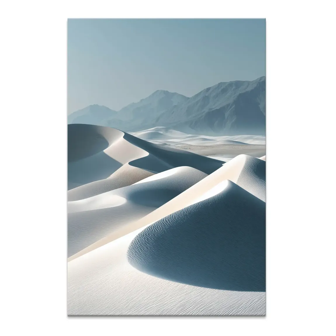 Portrait orientation minimalist desert landscape canvas wall art with white and blue dunes