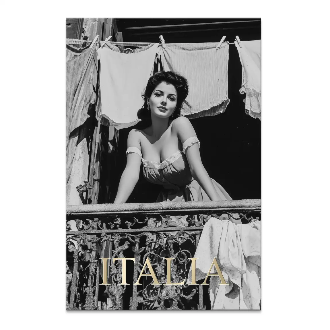 Black-and-white vintage portrait of a beautiful Italian woman leaning from a wrought-iron balcony.