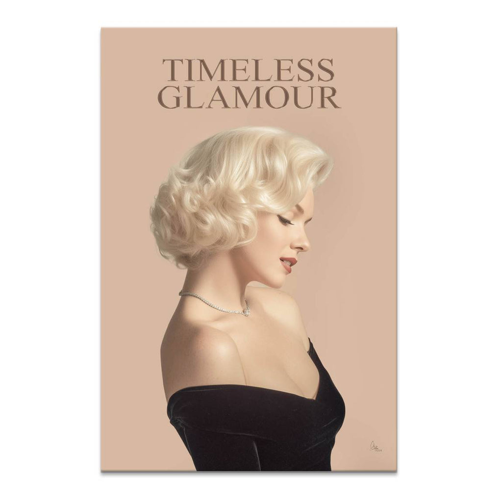 Portrait of a blonde woman in an off-the-shoulder black velvet dress with a pearl necklace against a peach background, 'Timeless Glamour' text.