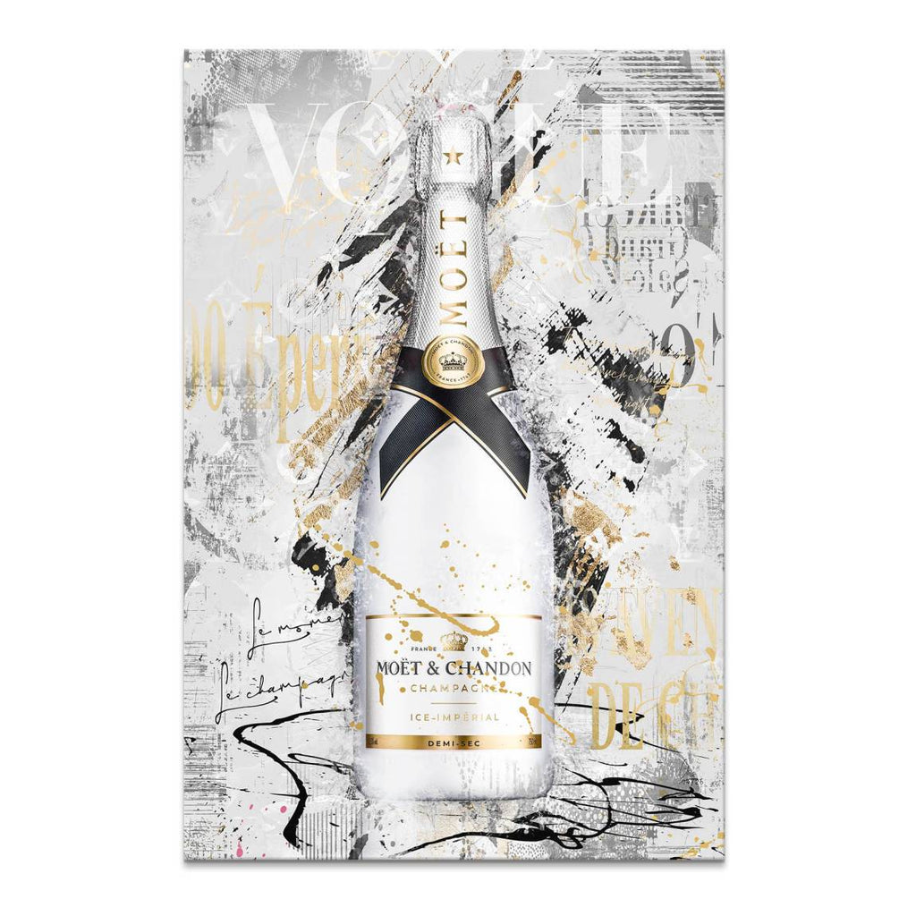 Portrait orientation canvas print featuring a white Moet champagne bottle on a Vogue-inspired magazine page background with gold and black splatters.