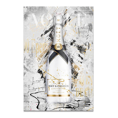 Portrait orientation canvas print featuring a white Moet champagne bottle on a Vogue-inspired magazine page background with gold and black splatters.