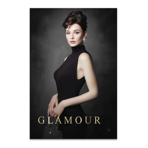 Audrey Hepburn-inspired glamorous woman portrait on a black and grey canvas with gold GLAMOUR text at the bottom